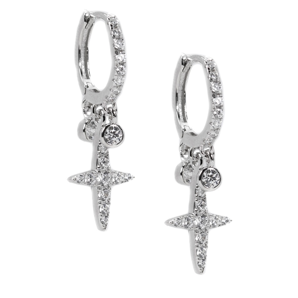 Mens Cross Drop Iced White Gold Plated Dangle Hanging Hip Hop Hoop Earrings